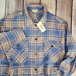 Ott Womens L Flannel Shirt Plaid Shacket Pastel Blue‎ Pink Button Up Pockets NWT